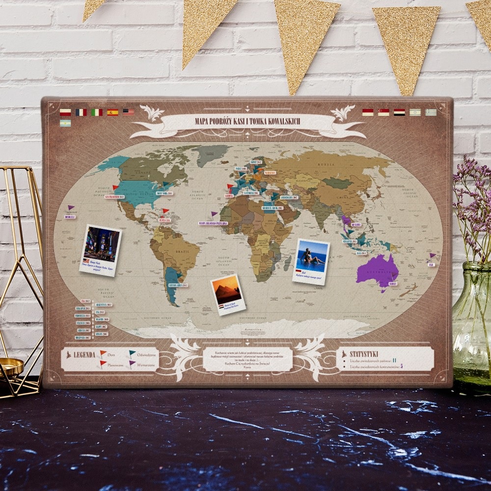 Mapa podróży na płótnie - świat - jaki prezent na pierwszą rocznicę ślubu