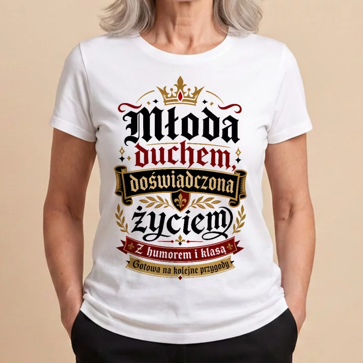 Koszulka Damska Biała Na 60 Urodziny Prezent Dla Kobiety: Młoda Duchem Elegancja