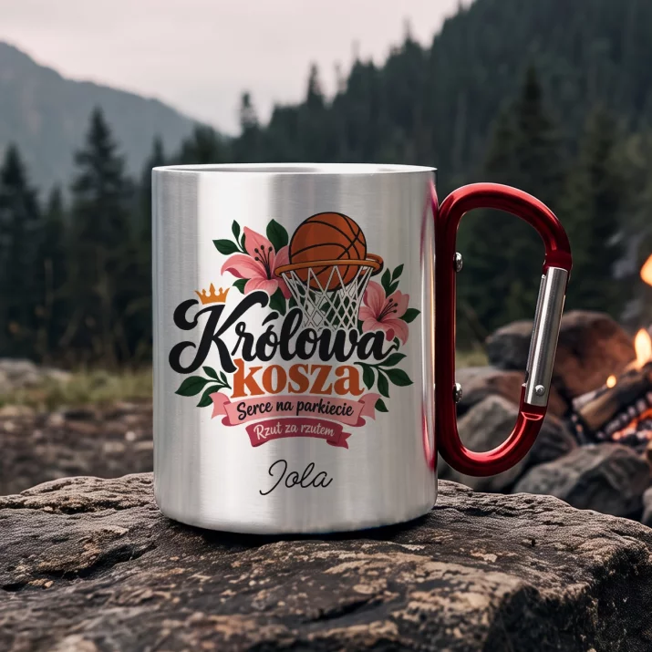 Kubek Metalowy z Karabińczykiem Dla Koszykarki Prezent Dla Kobiety: Królowa Kosza Kubek Metalowy z Karabińczykiem Dla Koszykarki Prezent Dla Kobiety: Królowa Kosza