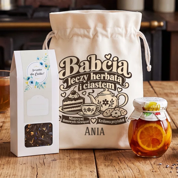 Zestaw Prezentowy z Herbatą Na Dzień Babci Prezent Dla Babci Kobiety: Babcia Leczy Herbatą I