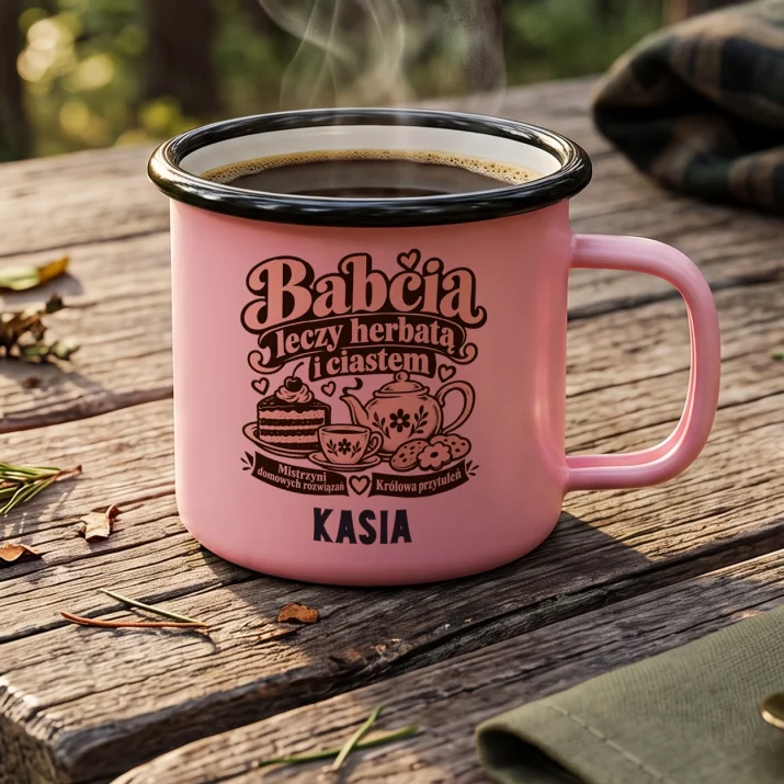 Kubek Emaliowany Na Dzień Babci Prezent Dla Babci Kobiety: Babcia Leczy Herbatą I Kubek Emaliowany Na Dzień Babci Prezent Dla Babci Kobiety: Babcia Leczy Herbatą I