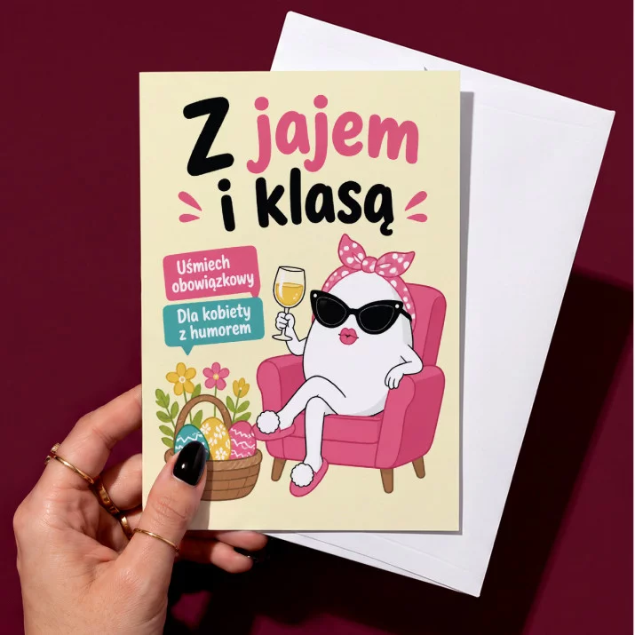 Kartka z Życzeniami Na Święta Wielkanocne Dla Kobiety: Humor Z Jajem Kartka z Życzeniami Na Święta Wielkanocne Dla Kobiety: Humor Z Jajem