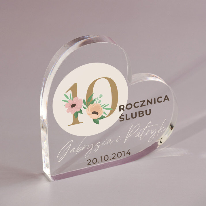 10 rocznica ślubu kwiaty - Blok akrylowy serce
