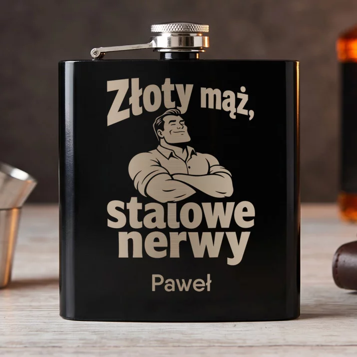 Piersiówka Z Grawerem Na 50 Rocznicę Ślubu Prezent Dla Mężczyzny: Złoty Mąż, Stalowe Nerwy