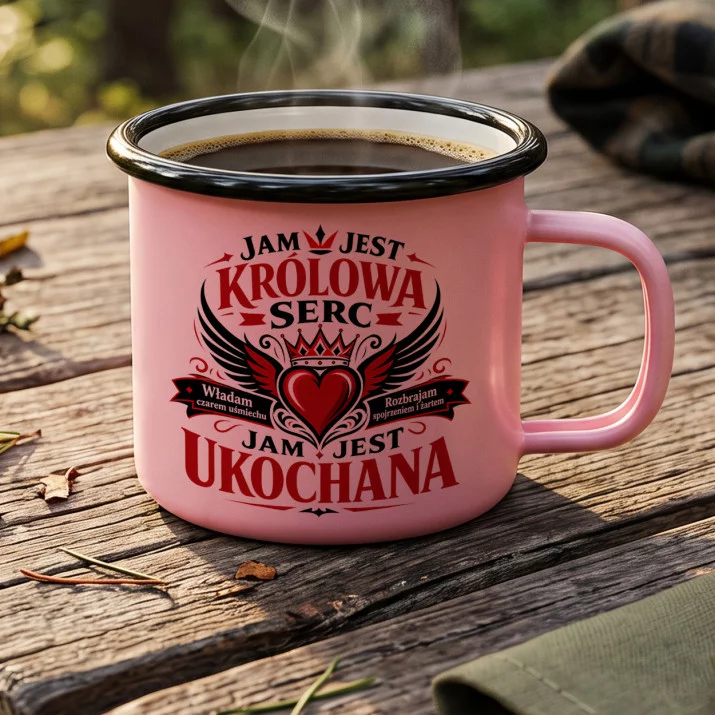 Kubek Emaliowany Na Walentynki Prezent Na Rocznicę Dla Kobiety: Herb Królowej Serc Kubek Emaliowany Na Walentynki Prezent Na Rocznicę Dla Kobiety: Herb Królowej Serc