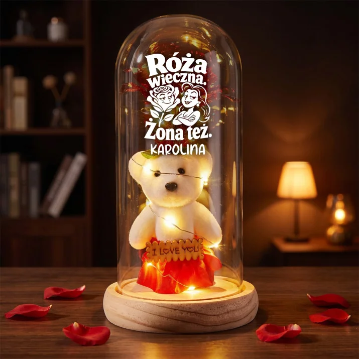 Wieczna Róża z Misiem Dla Żony Prezent Na Rocznicę Ślubu Dla Kobiety: Wieczna Róża