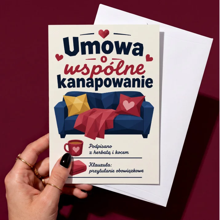 Kartka z Życzeniami Na Walentynki Na Rocznicę Dla Pary: Kanapowa Umowa Pary Kartka z Życzeniami Na Walentynki Na Rocznicę Dla Pary: Kanapowa Umowa Pary