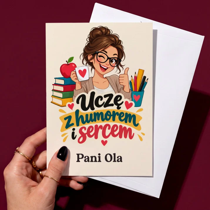 Kartka Personalizowana Dla Nauczycielki Prezent Na Dzień Nauczyciela Dla Kobiety: Uczę Z Humorem I Sercem Kartka Personalizowana Dla Nauczycielki Prezent Na Dzień Nauczyciela Dla Kobiety: Uczę Z Humorem I Sercem
