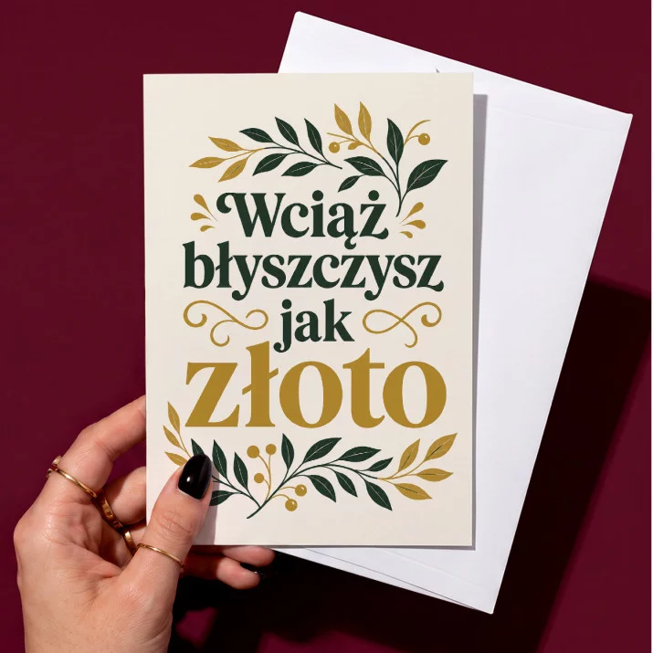 Kartka z Życzeniami Na Złote Gody Dla Kobiety: Botaniczne Złote Lśnienie Kartka z Życzeniami Na Złote Gody Dla Kobiety: Botaniczne Złote Lśnienie