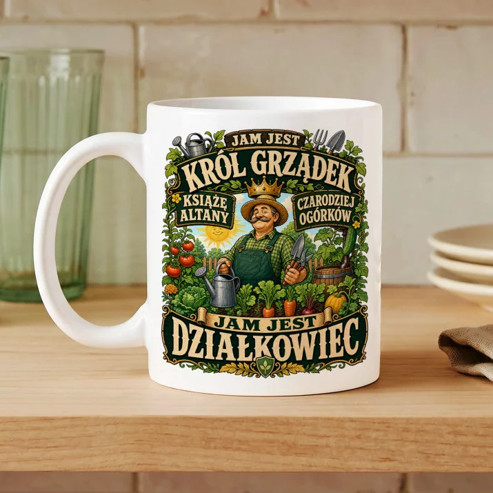 Kubek Z Nadrukiem Dla Działkowca Prezent Dla Mężczyzny: Król Grządek I Strażnik Altany Kubek Z Nadrukiem Dla Działkowca Prezent Dla Mężczyzny: Król Grządek I Strażnik Altany