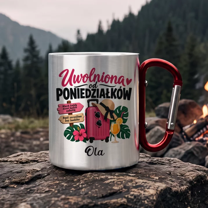 Kubek Metalowy z Karabińczykiem Na Pożegnanie W Pracy Prezent Dla Kobiety: Uwolniona Od