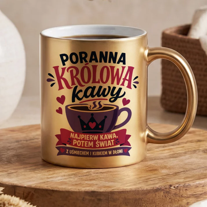 Złoty Kubek Dla Kobiety Prezent Dla Kobiety: Królowa Poranków Złoty Kubek Dla Kobiety Prezent Dla Kobiety: Królowa Poranków