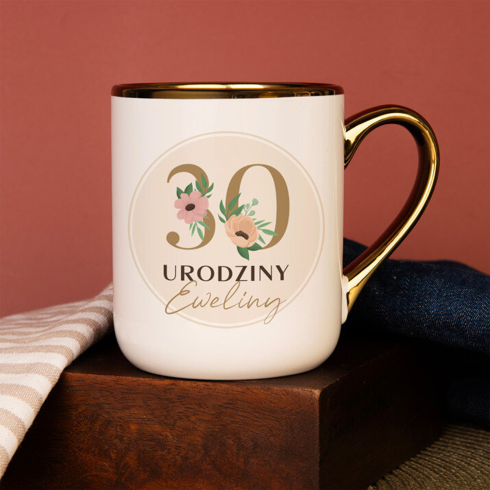 30 urodziny kwiaty - Kubek ceramiczny ze złotym rantem