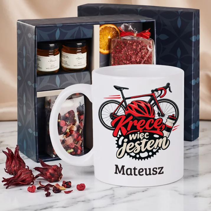 Zestaw Prezentowy z Kubkiem Dla Kolarza Dla Mężczyzny: Kręcę, Więc Jestem Zestaw Prezentowy z Kubkiem Dla Kolarza Dla Mężczyzny: Kręcę, Więc Jestem