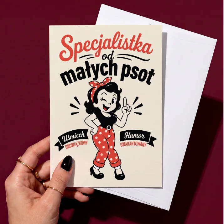 Kartka z Życzeniami Dla Pani Dla Kobiety: Figlarna Retro Maskotka Kartka z Życzeniami Dla Pani Dla Kobiety: Figlarna Retro Maskotka