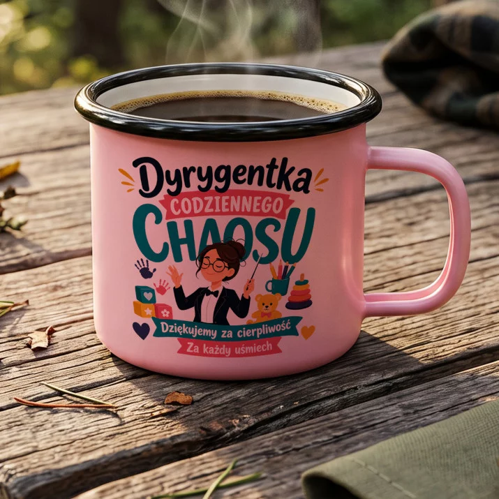 Kubek Emaliowany Dla Pani Z Przedszkola Prezent Dla Kobiety: Dyrygentka Chaosu Kubek Emaliowany Dla Pani Z Przedszkola Prezent Dla Kobiety: Dyrygentka Chaosu