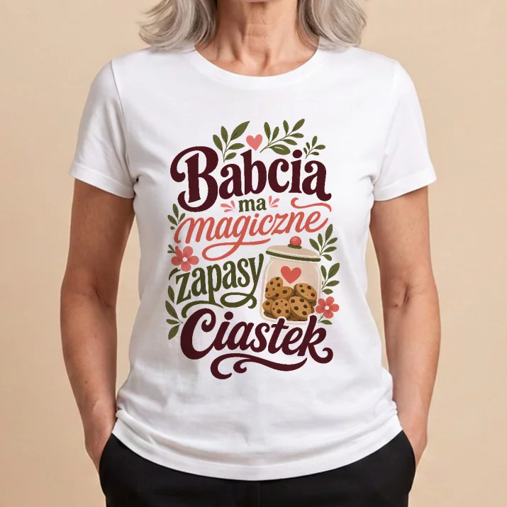 Koszulka Damska Biała Dla Babci Prezent Na Dzień Babci Dla Kobiety: Magia Babcinych Ciastek