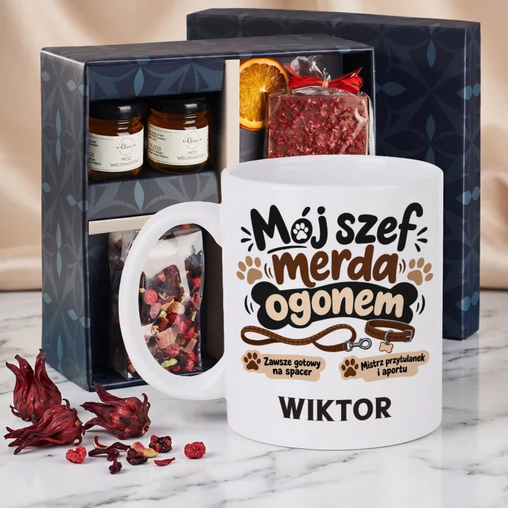 Zestaw Prezentowy z Kubkiem Dla Psiarza Dla Mężczyzny: Mój Szef Merda Ogonem Zestaw Prezentowy z Kubkiem Dla Psiarza Dla Mężczyzny: Mój Szef Merda Ogonem