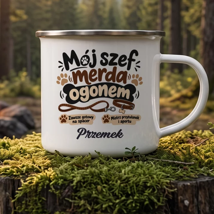 Kubek Emaliowany Dla Psiarza Prezent Dla Mężczyzny: Mój Szef Merda Ogonem Kubek Emaliowany Dla Psiarza Prezent Dla Mężczyzny: Mój Szef Merda Ogonem