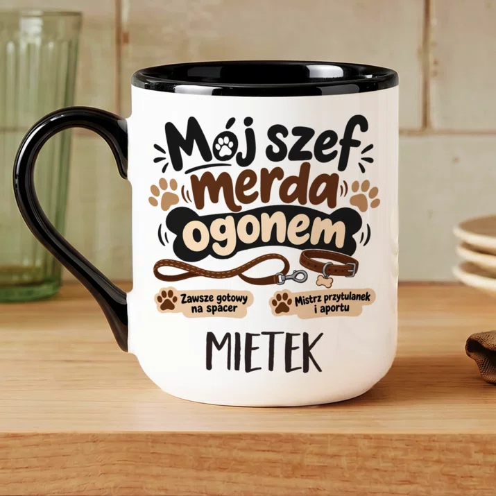 Kubek Personalizowany Dla Psiarza Prezent Dla Mężczyzny: Mój Szef Merda Ogonem Kubek Personalizowany Dla Psiarza Prezent Dla Mężczyzny: Mój Szef Merda Ogonem