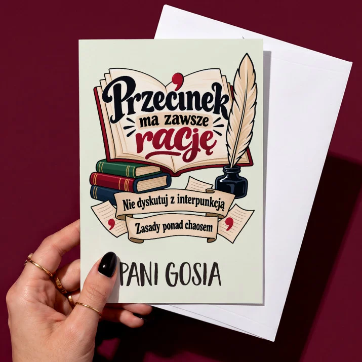Kartka Personalizowana Dla Nauczycielki Polskiego Prezent Na Dzień Nauczyciela Dla Kobiety: Przecinek Ma Zawsze Rację Kartka Personalizowana Dla Nauczycielki Polskiego Prezent Na Dzień Nauczyciela Dla Kobiety: Przecinek Ma Zawsze Rację