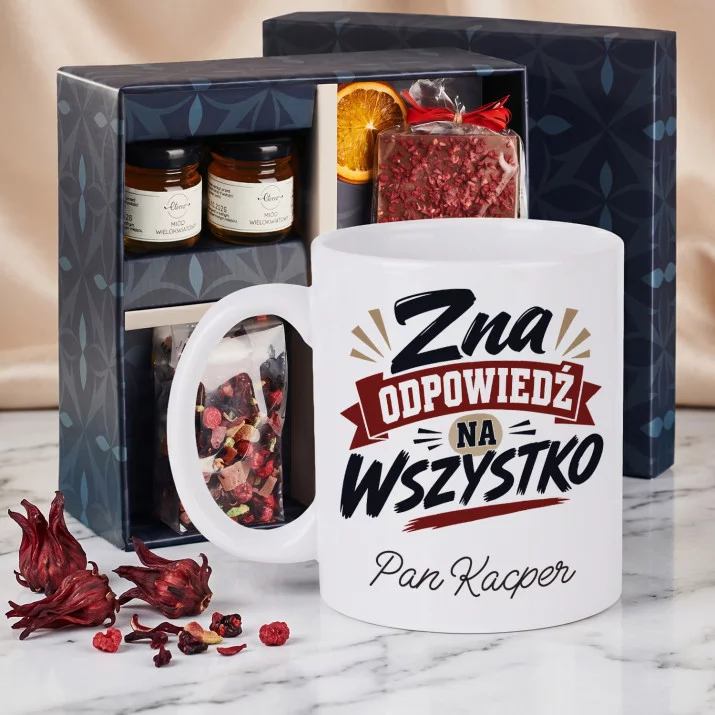 Zestaw Prezenowy z Kubkiem Na Dzień Nauczyciela Dla Nauczyciela Mężczyzny: Zna Odpowiedź Na Wszystko