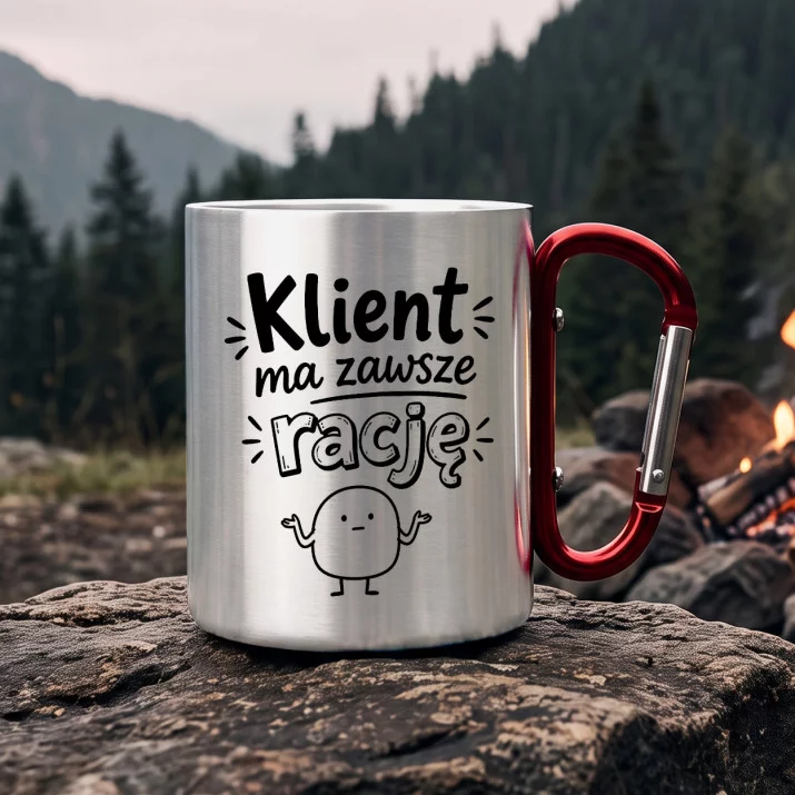 Kubek Metalowy z Karabińczykiem Dla Klienta Prezent Dla Mężczyzny: Ironiczny Klient Kubek Metalowy z Karabińczykiem Dla Klienta Prezent Dla Mężczyzny: Ironiczny Klient
