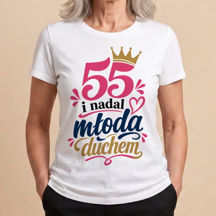 Koszulka Damska Biała Na 55 Urodziny Prezent Dla Kobiety: Młoda Duchem