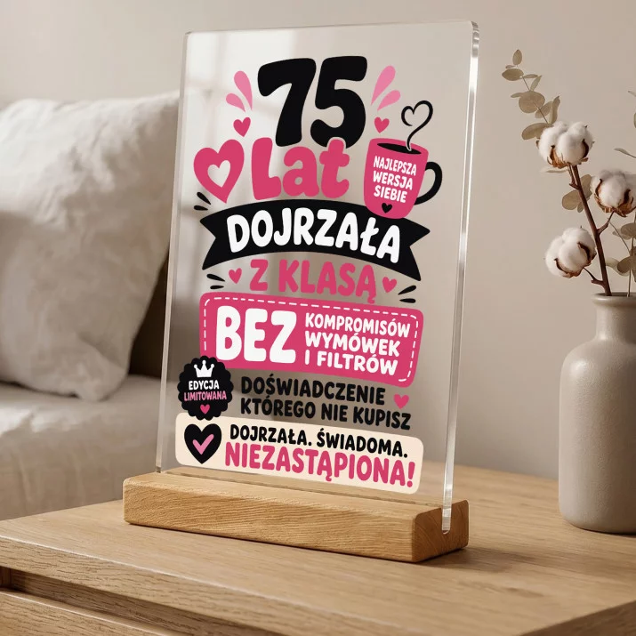 Druk Na Szkle Na 75 Urodziny Prezent Dla Kobiety: Dojrzała 75 Lat Z Klasą