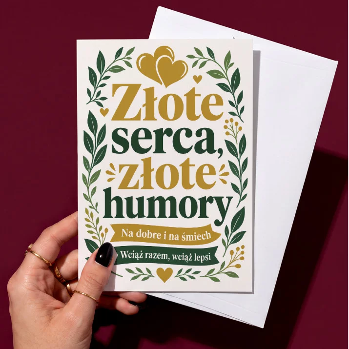 Kartka z Życzeniami Na 50 Lecie Ślubu Dla Pary: Złote Serca Botaniczne Kartka z Życzeniami Na 50 Lecie Ślubu Dla Pary: Złote Serca Botaniczne