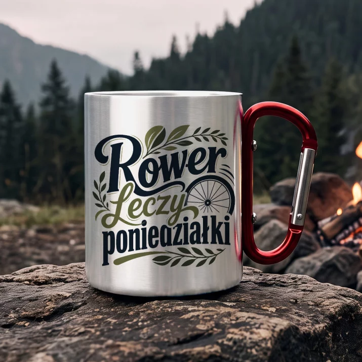 Kubek Metalowy z Karabińczykiem Dla Rowerzysty Prezent Dla Mężczyzny: Rowery I Liście Kubek Metalowy z Karabińczykiem Dla Rowerzysty Prezent Dla Mężczyzny: Rowery I Liście