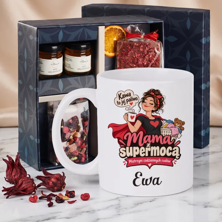Zestaw Prezentowy z Kubkiem Na Dzień Mamy Dla Mamy Kobiety: Mama Z Supermocą Zestaw Prezentowy z Kubkiem Na Dzień Mamy Dla Mamy Kobiety: Mama Z Supermocą