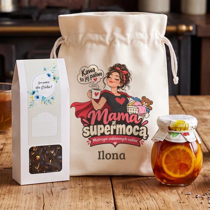 Zestaw Prezentowy z Herbatą Na Dzień Mamy Prezent Dla Mamy Kobiety: Mama Z Supermocą Zestaw Prezentowy z Herbatą Na Dzień Mamy Prezent Dla Mamy Kobiety: Mama Z Supermocą