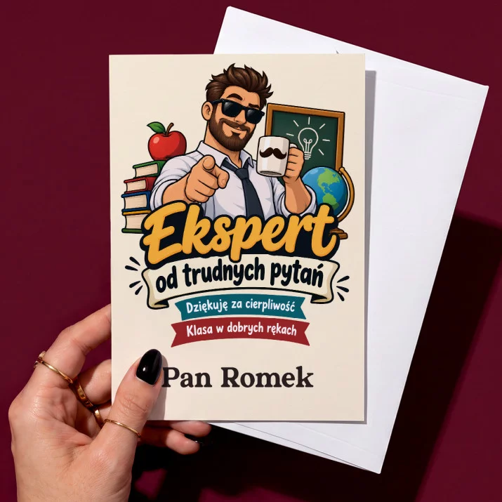 Kartka Personalizowana Na Dzień Nauczyciela Prezent Dla Nauczyciela Mężczyzny: Ekspert Od Trudnych Pytań Kartka Personalizowana Na Dzień Nauczyciela Prezent Dla Nauczyciela Mężczyzny: Ekspert Od Trudnych Pytań