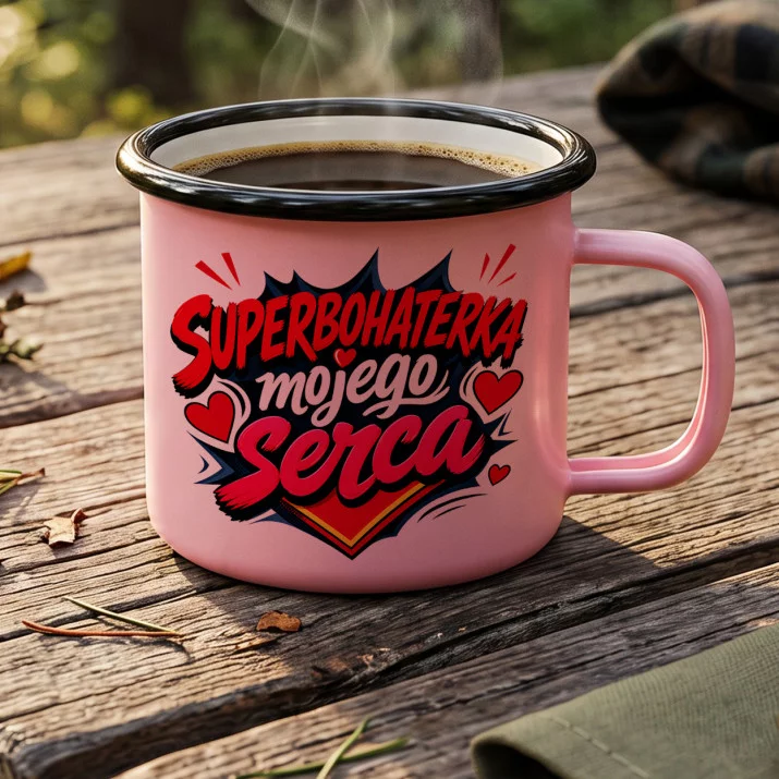 Kubek Emaliowany Na Walentynki Prezent Na Rocznicę Dla Kobiety: Miłosna Superbohaterka Kubek Emaliowany Na Walentynki Prezent Na Rocznicę Dla Kobiety: Miłosna Superbohaterka