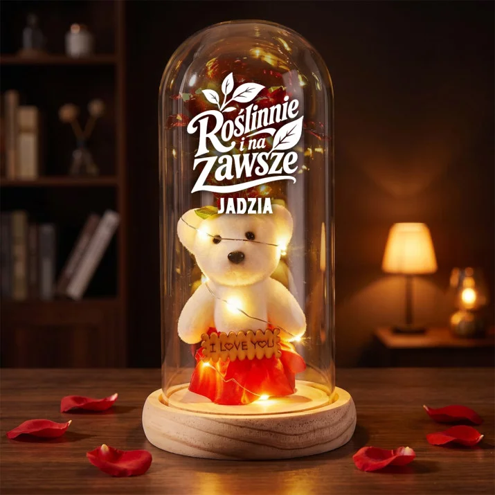 Wieczna Róża z Misiem Dla Weganki Prezent Dla Kobiety: Roślinna Róża Retro
