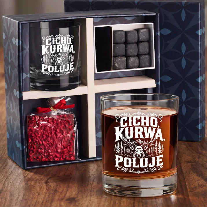 Zestaw Prezentowy Whisky Dla Myśliwego Dla Mężczyzny: Cicho, Kurwa, Poluję Zestaw Prezentowy Whisky Dla Myśliwego Dla Mężczyzny: Cicho, Kurwa, Poluję