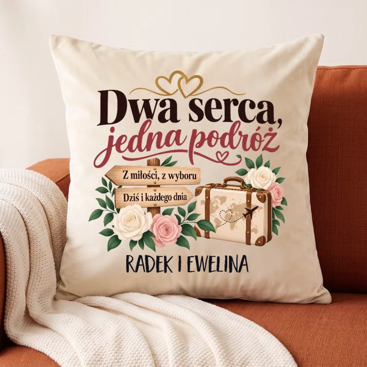 Poduszka Dekoracyjna Dla Pary Młodej Prezent Na Ślub Dla Pary: Dwa Serca, Jedna Podróż