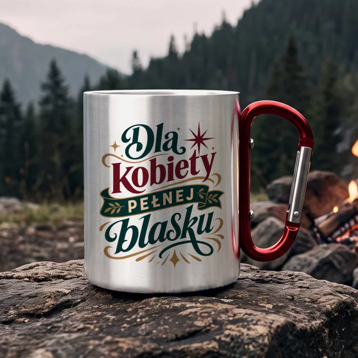 Kubek Metalowy z Karabińczykiem Na Boże Narodzenie Prezent Dla Kobiety: Kobiecy Blask Retro Kubek Metalowy z Karabińczykiem Na Boże Narodzenie Prezent Dla Kobiety: Kobiecy Blask Retro