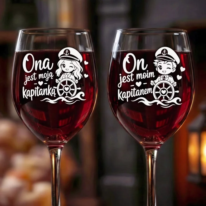 Dwa Kieliszki Do Wina Na Ślub Prezent Dla Pary Młodej Pary: Kapitańska Para Dwa Kieliszki Do Wina Na Ślub Prezent Dla Pary Młodej Pary: Kapitańska Para