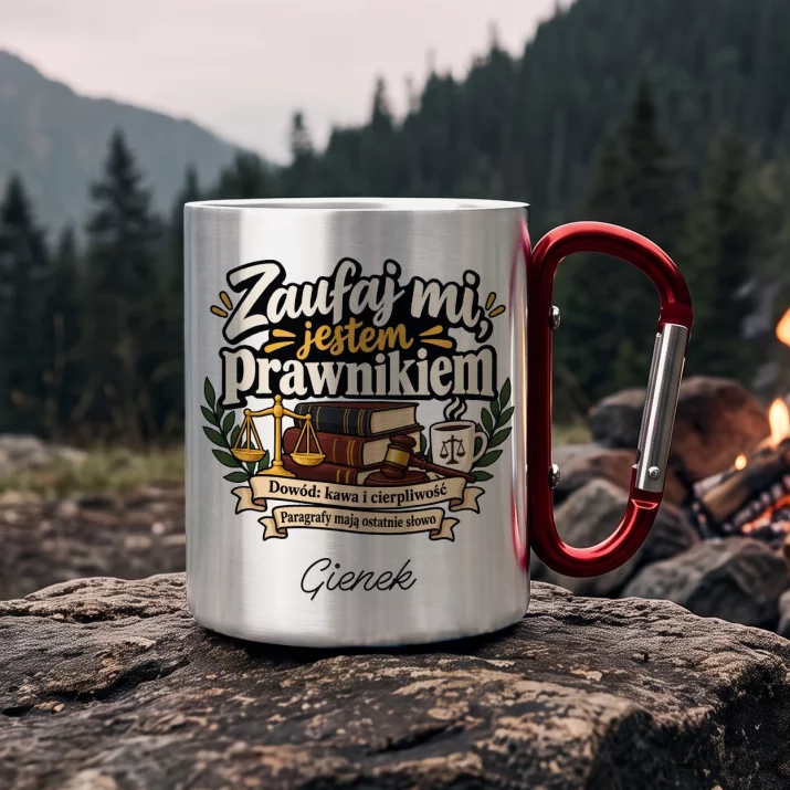 Kubek Metalowy z Karabińczykiem Dla Prawnika Prezent Dla Mężczyzny: Zaufaj Mi, Jestem Kubek Metalowy z Karabińczykiem Dla Prawnika Prezent Dla Mężczyzny: Zaufaj Mi, Jestem