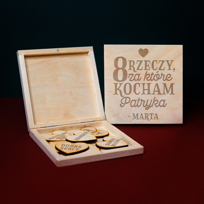 8 rzeczy za które Cię kocham - Pudełko z drewnianymi serduszkami