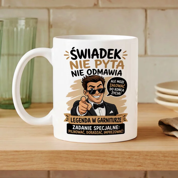 Kubek Z Nadrukiem Dla Świadka Prezent Dla Mężczyzny: Świadek Legenda W Garniturze Kubek Z Nadrukiem Dla Świadka Prezent Dla Mężczyzny: Świadek Legenda W Garniturze
