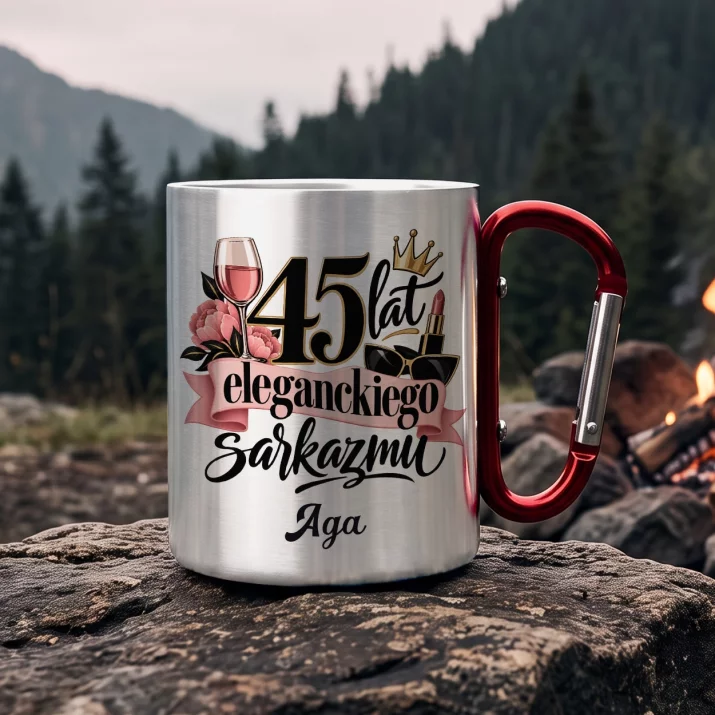 Kubek Metalowy z Karabińczykiem Dla 45 Latki Prezent Na 45 Urodziny Dla Kobiety: 45 Lat Eleganckiego Kubek Metalowy z Karabińczykiem Dla 45 Latki Prezent Na 45 Urodziny Dla Kobiety: 45 Lat Eleganckiego