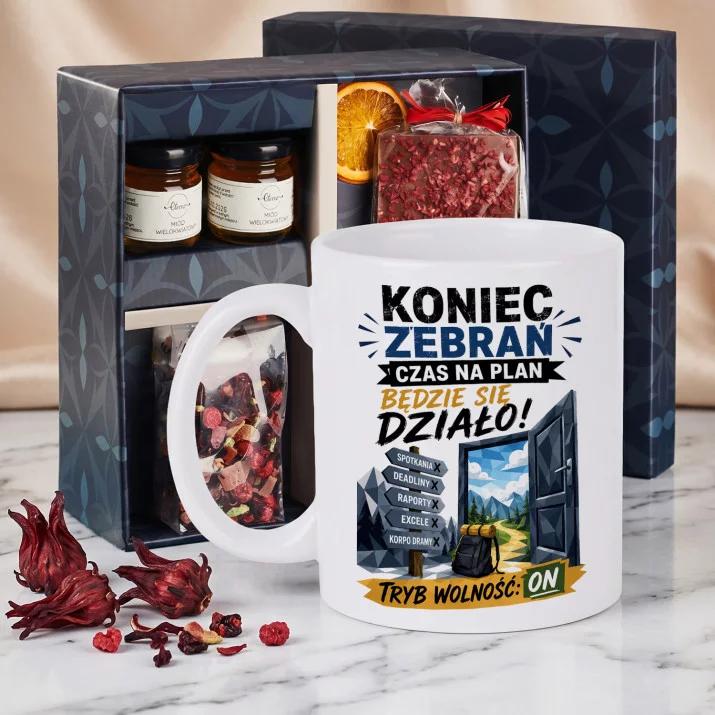 Zestaw Prezenowy Z Kubkiem Na Odejście Z Pracy: Koniec Zebrań Zestaw Prezenowy Z Kubkiem Na Odejście Z Pracy: Koniec Zebrań