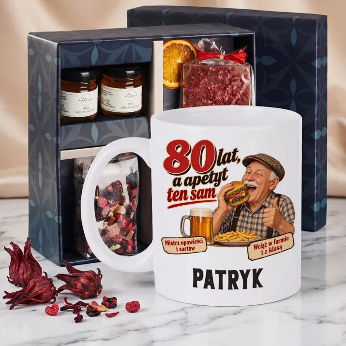 Zestaw Prezentowy z Kubkiem Na 80 Urodziny Dla 80 Latka Mężczyzny: 80 Lat, A Apetyt Ten Sam Zestaw Prezentowy z Kubkiem Na 80 Urodziny Dla 80 Latka Mężczyzny: 80 Lat, A Apetyt Ten Sam