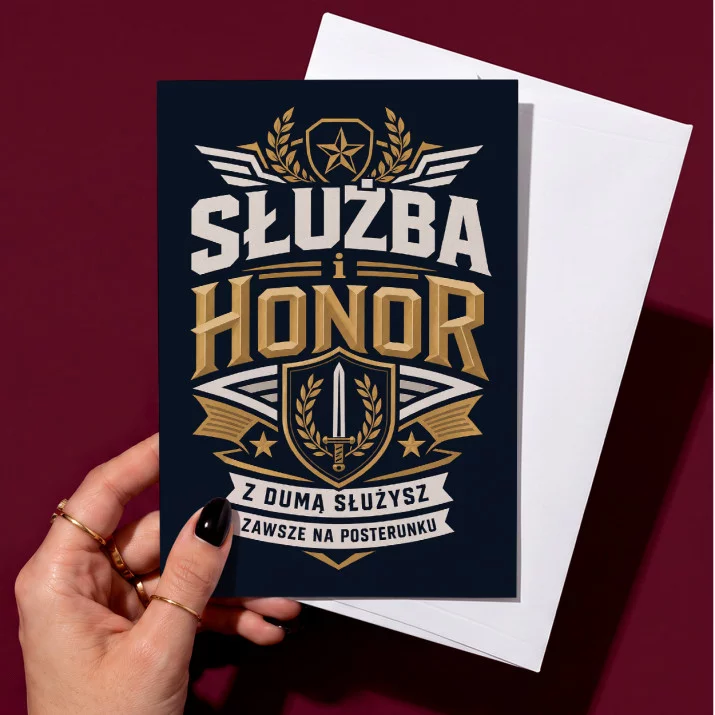 Kartka z Życzeniami Dla Wojskowego Na Przysięgę Wojskową Dla Mężczyzny: Emblemat Honoru Kartka z Życzeniami Dla Wojskowego Na Przysięgę Wojskową Dla Mężczyzny: Emblemat Honoru