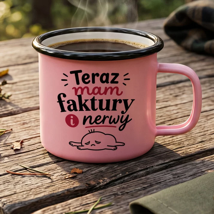Kubek Emaliowany Na Otwarcie Firmy Prezent Dla Kobiety: Faktury I Kawa Kubek Emaliowany Na Otwarcie Firmy Prezent Dla Kobiety: Faktury I Kawa