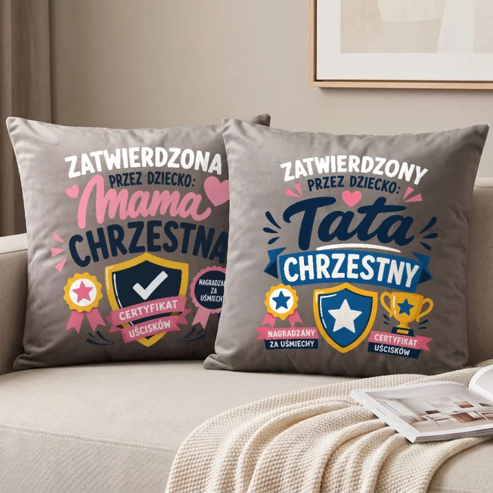 Poduszki Dekoracyjne Dla Rodziców Chrzestnych Prezent Dla Pary: Chrzestni Z Uśmiechem