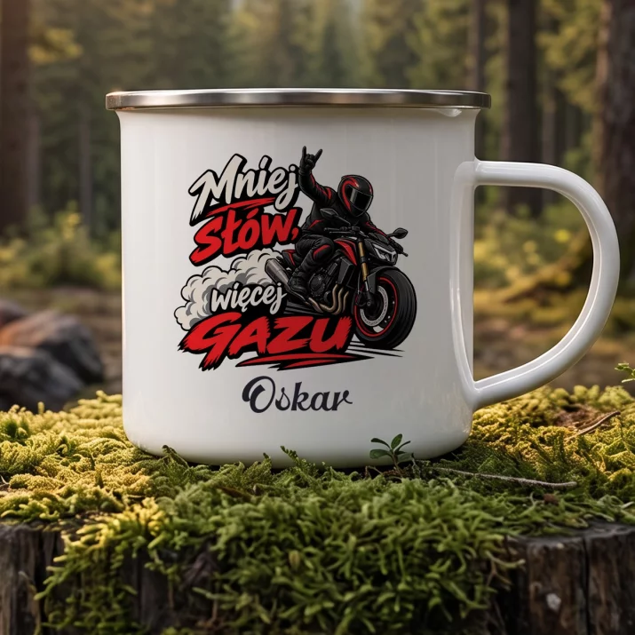 Kubek Emaliowany Dla Motocyklisty Prezent Dla Mężczyzny: Mniej Słów, Więcej Gazu Kubek Emaliowany Dla Motocyklisty Prezent Dla Mężczyzny: Mniej Słów, Więcej Gazu